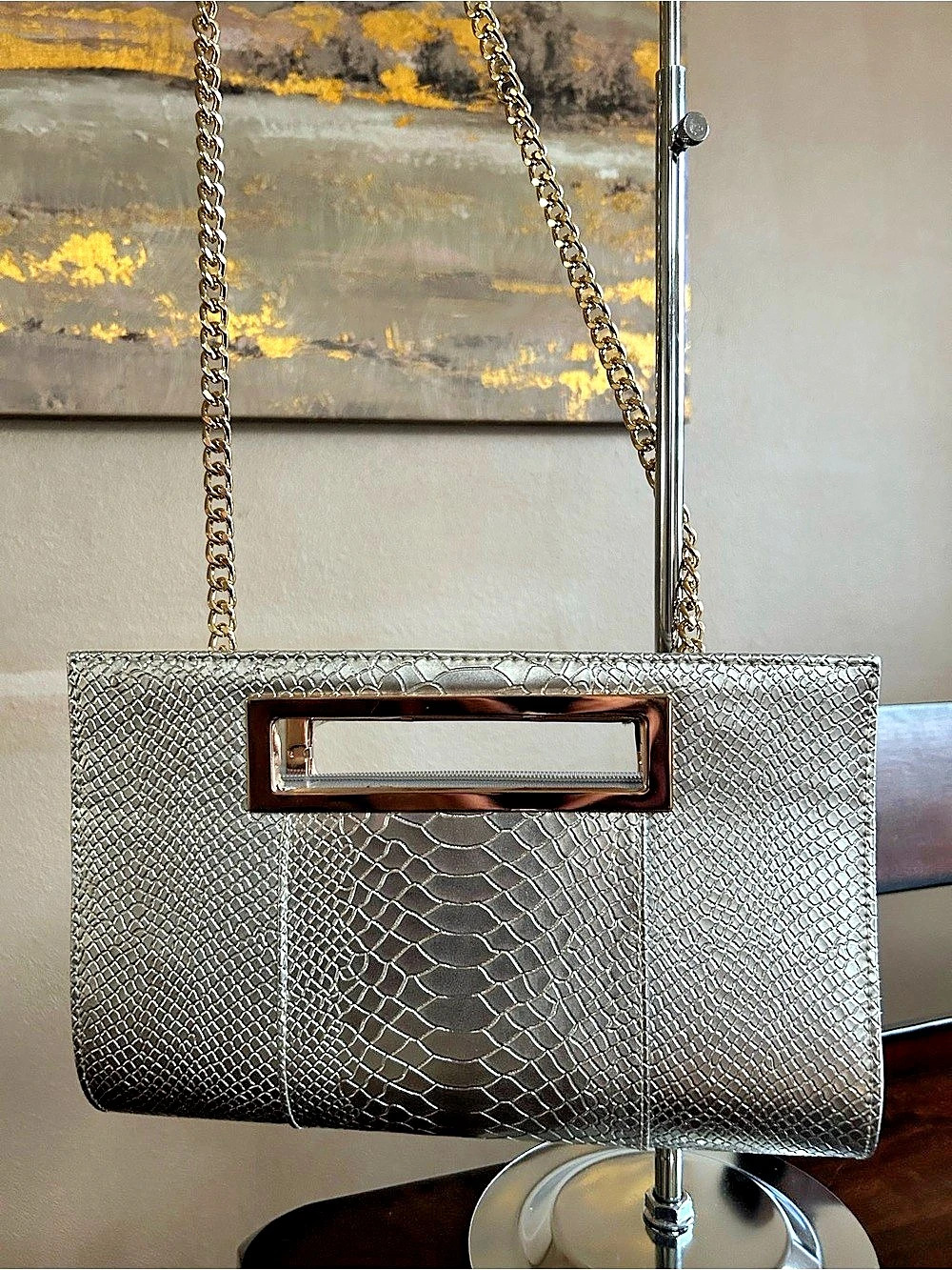 Silver Snake-Embossed Chain Clutch